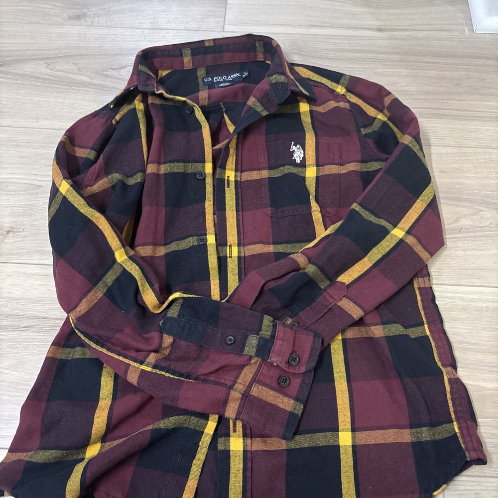 US Polo Assn. Button Up Flannel Shirt - Boys Large - Burgandy / Gold - Excellent